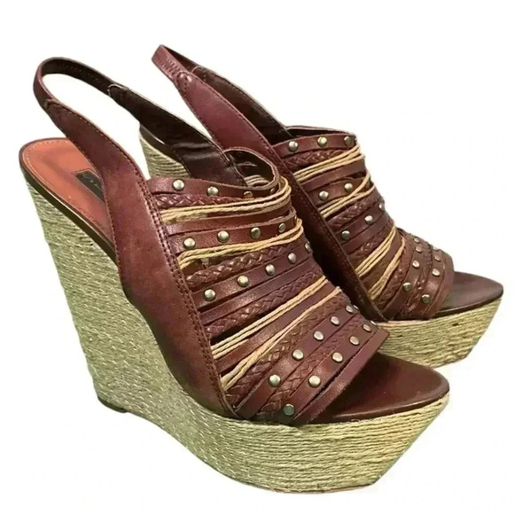 STEVEN by Steve Madden Wedge Sling Back Leather Braided Rope Stud Detail Shoe - Picture 2 of 14